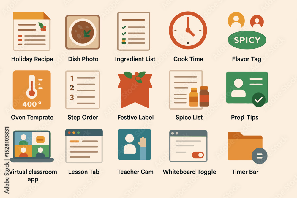 Fototapeta premium Collection of colorful cooking and educational icons for apps