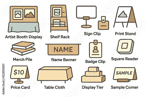 Artist booth display elements: merch pile, sign clip, table cloth, badge clip, price card