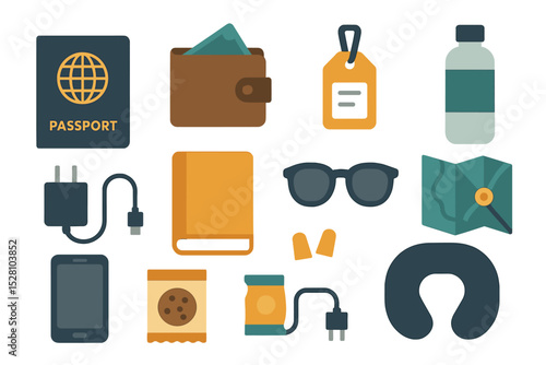 Essential travel items illustrated with passport, wallet, and accessories