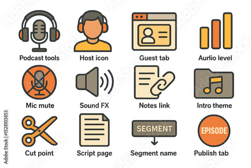 Podcast interface icons: tools, host, guest, audio levels, mute, sound effects, notes, theme, cut, script, segment, episode