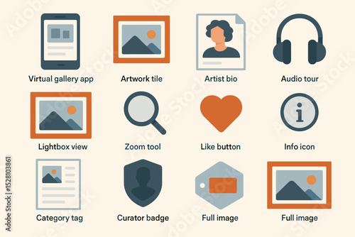 Digital art gallery interface icons including artwork tile, artist bio, and audio tour