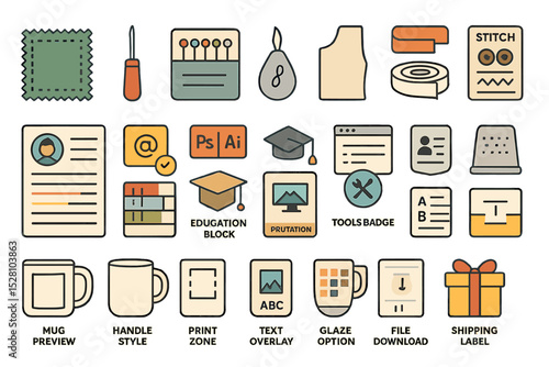 Creative icon set: design tools, education, file management, and mugs