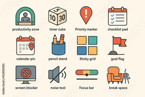 Collection of office productivity icons including timer, checklist, and screen blocker
