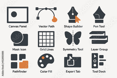Design tool icons collection: canvas, path, shape, and more