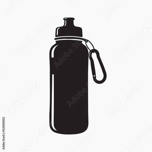 Black Water Bottle Illustration: A sleek, black water bottle with a secure cap and handy carabiner clip, illustrated in a minimalist style for a modern, active lifestyle.