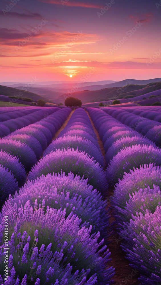 Obraz premium Rows of purple lavender stretch across a field, under a sunset sky with pink and orange hues, and rolling hills in the distance.