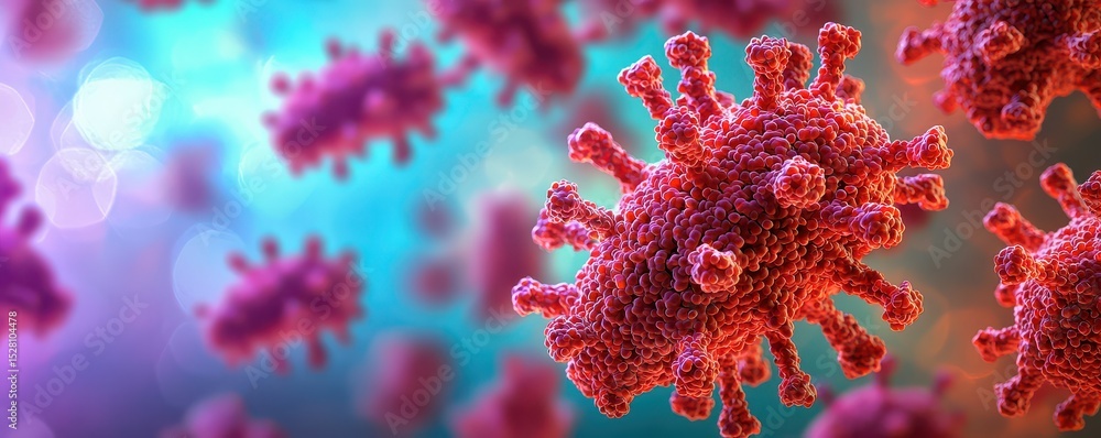 A detailed digital drawing of a virus with red spikes, symbolizing infection and disease in a microscopic, colorful environment. A detailed digital drawing of a virus with red spikes, symbolizing infection and disease in a microscopic, colorful environment.
