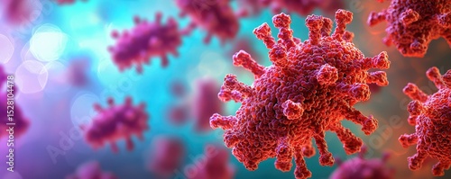 A detailed digital drawing of a virus with red spikes, symbolizing infection and disease in a microscopic, colorful environment.