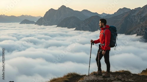 Hiker Standing At Mountain Peak Above the Clouds Scenic View