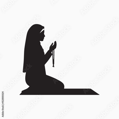 Woman in Prayer: A serene silhouette of a woman kneeling in prayer, hands clasped, and prayer beads, signifying devotion and spirituality.