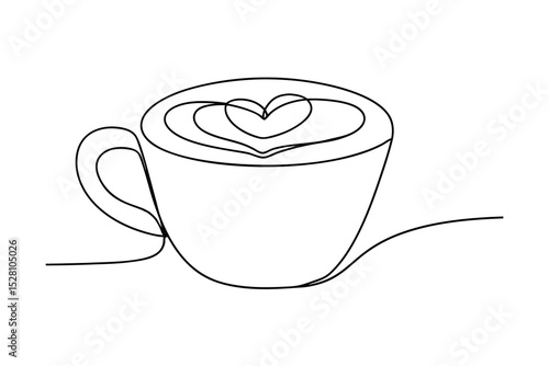 Single line drawing of coffee cup with heart latte art