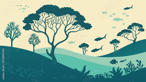 Submerged rainforest with marine life. Flat green tree silhouettes floating among teal waves. Coral-shaped bushes, fish as 'birds'. Gradient seafloor from sand to deep blue. Dreamlike aquatic fusion.