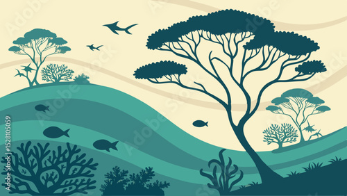 Submerged rainforest with marine life. Flat green tree silhouettes floating among teal waves. Coral-shaped bushes, fish as 'birds'. Gradient seafloor from sand to deep blue. Dreamlike aquatic fusion.