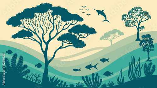 Submerged rainforest with marine life. Flat green tree silhouettes floating among teal waves. Coral-shaped bushes, fish as 'birds'. Gradient seafloor from sand to deep blue. Dreamlike aquatic fusion.