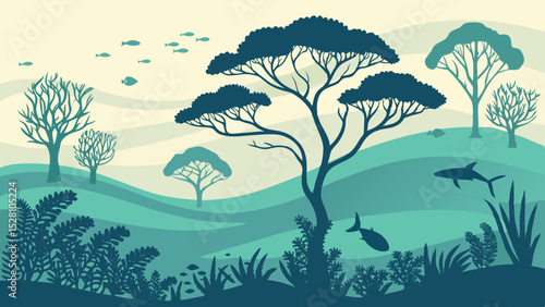 Submerged rainforest with marine life. Flat green tree silhouettes floating among teal waves. Coral-shaped bushes, fish as 'birds'. Gradient seafloor from sand to deep blue. Dreamlike aquatic fusion.