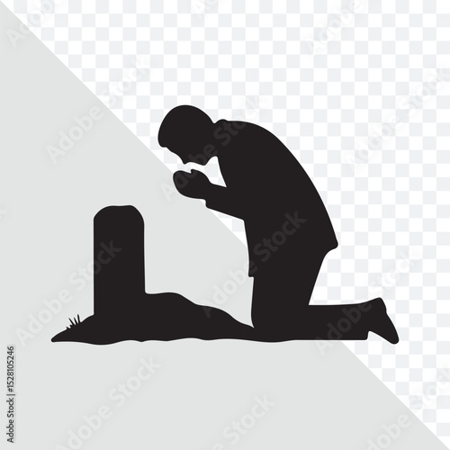 Praying at Grave: A somber silhouette shows a person kneeling at a grave, head bowed in a gesture of reverence, offering a moment of introspection and remembrance in a place of solemnity.