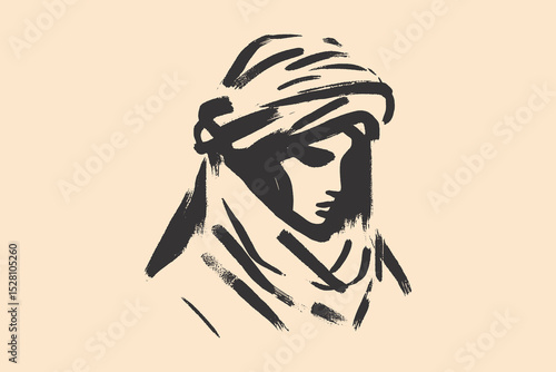 Bedouin woman portrait, bold ink brush style, vector illustration