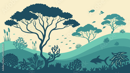 Submerged rainforest with marine life. Flat green tree silhouettes floating among teal waves. Coral-shaped bushes, fish as 'birds'. Gradient seafloor from sand to deep blue. Dreamlike aquatic fusion.