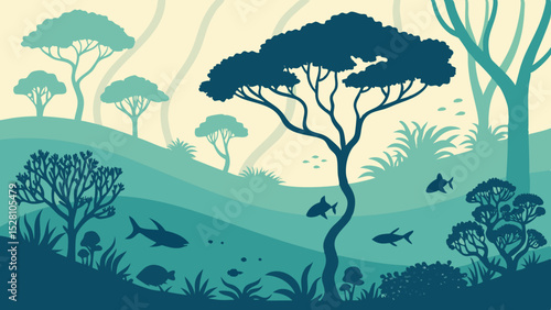 Submerged rainforest with marine life. Flat green tree silhouettes floating among teal waves. Coral-shaped bushes, fish as 'birds'. Gradient seafloor from sand to deep blue. Dreamlike aquatic fusion.