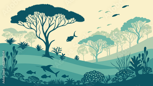 Submerged rainforest with marine life. Flat green tree silhouettes floating among teal waves. Coral-shaped bushes, fish as 'birds'. Gradient seafloor from sand to deep blue. Dreamlike aquatic fusion.