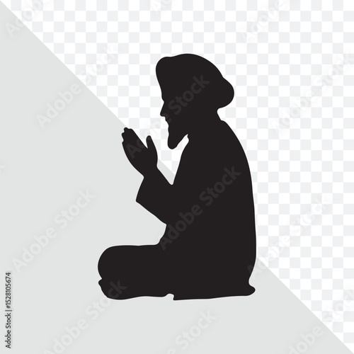 Silhouette of Prayer: A person dressed in traditional attire sits in prayer, hands clasped, and eyes focused in silent devotion, conveying serenity, faith, and introspection.