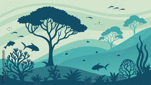 Submerged rainforest with marine life. Flat green tree silhouettes floating among teal waves. Coral-shaped bushes, fish as 'birds'. Gradient seafloor from sand to deep blue. Dreamlike aquatic fusion.