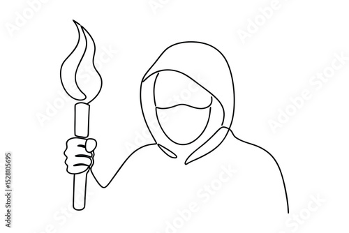 Hooded figure holding a flaming torch line drawing