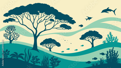 Submerged rainforest with marine life. Flat green tree silhouettes floating among teal waves. Coral-shaped bushes, fish as 'birds'. Gradient seafloor from sand to deep blue. Dreamlike aquatic fusion.