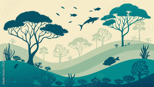 Submerged rainforest with marine life. Flat green tree silhouettes floating among teal waves. Coral-shaped bushes, fish as 'birds'. Gradient seafloor from sand to deep blue. Dreamlike aquatic fusion.