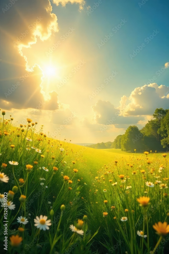 Obraz premium Serene landscape of a sun-drenched meadow, bathed in golden light, evokes a sense of divine peace and tranquility Perfect for spiritual, nature, or fantasy themes , vibrant, fantasy