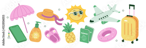 Summer stickers set. Tropical holiday, vacation on beach collection. Plane, airport luggage, sunscreen and other travel elements. Modern cartoon concept. Vector illustration.