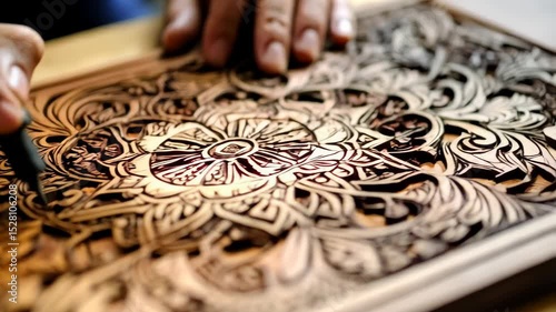 Close-up of craftsman meticulously carving intricate floral mandala design into light wood surface with sharp tool, artisanal woodworking creation