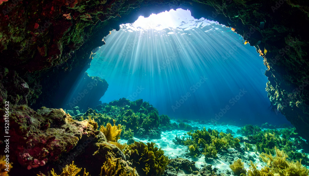 Obraz premium Magical Underwater Sea Cave Sunbeams Illuminate Coral Reef