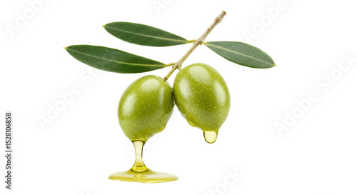 Isolated Green Olives on Branch Drizzled with Olive Oil