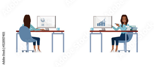 Black businesswoman with long wavy hair wear blue shirt. Women sitting and working with computer flat character vector illustration design set.