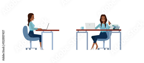 Black businesswoman with long wavy hair wear blue shirt. Women sitting and working with laptop flat character vector illustration design set.