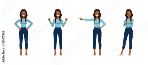 Black businesswoman with long wavy hair wear blue shirt character vector illustration design set. Women with negative emotions.