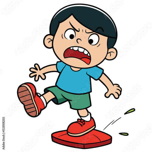 A child stamping their foot, implied by facial expression, conveying frustration or anger.