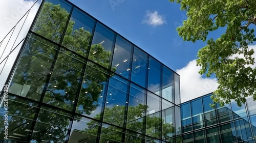 Modern glass building reflects blue sky and green trees in urban environment during bright sunny day