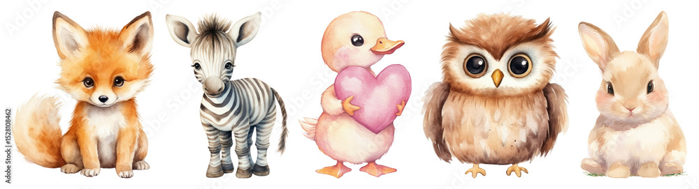 Fototapeta premium PNG Cute watercolor animal friends, element set on transparent background
