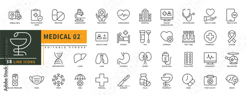 Minimalist Medical 02 line icons set with editable stroke, featuring ambulance, medicine, laboratory, liver, lugs, virus, patient, hospital, cardiogram, company, pharmacy. thin linear illustration.