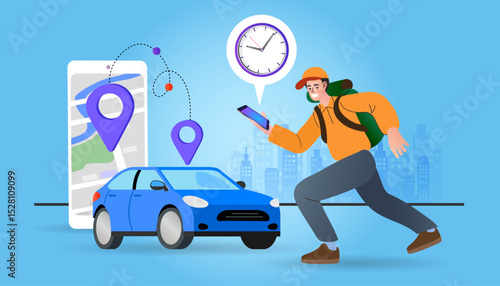 Fast delivery service in the on-demand economy. A courier with a backpack runs, checking a smartphone app for GPS navigation. A car and map pins illustrate the logistics route and on-time service.