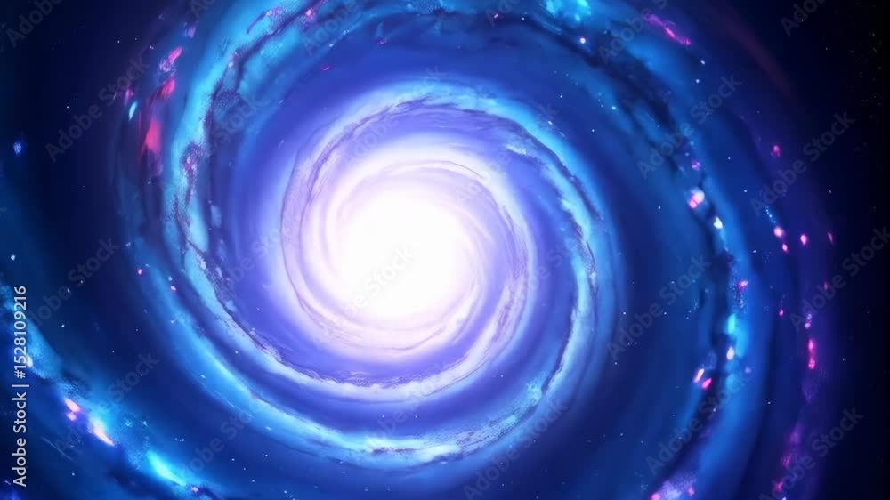 Dramatic galactic spiral formation with swirling dust clouds and a brilliant center light in deep outer space Dramatic galactic spiral formation with swirling dust clouds and a brilliant center light in deep outer space
