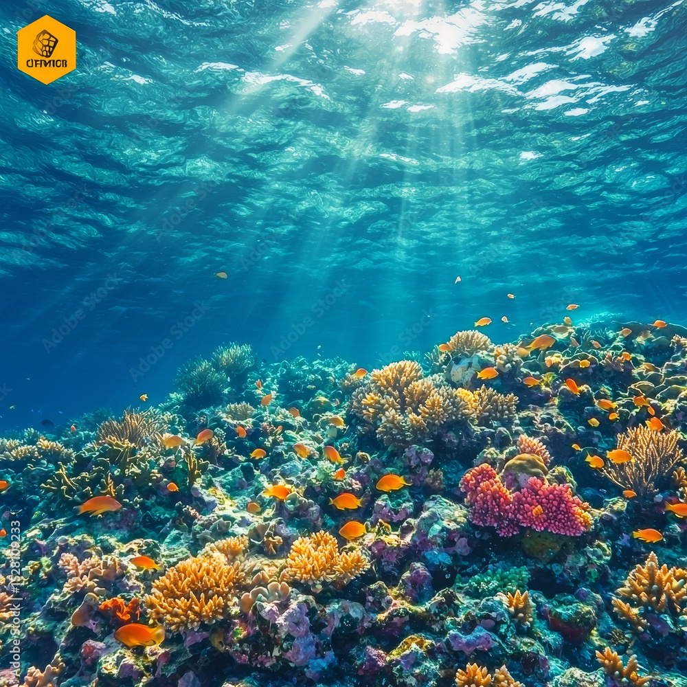 Obraz premium Sunlit coral reef teeming with vibrant fish