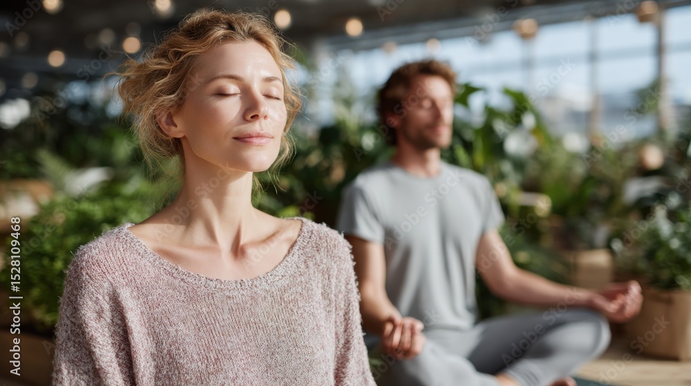 Naklejka premium Calm Man and Woman Practicing Relaxation on Yoga Mats Amidst Lush Indoor Plants