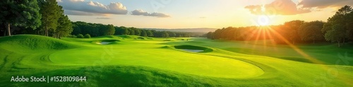 Sun-drenched golf course fairway with lush green grass, gently rolling hills, and distant trees creating a serene landscape Perfect for golf, leisure, and nature themes , sun, golf club