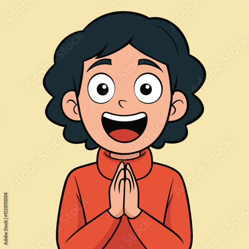 A person beaming, eyes wide with delight, and hands clasped in pure excitement.