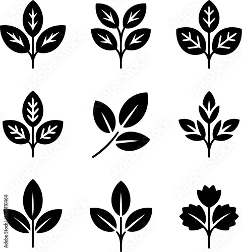 Nine stylized black leaf sprigs arranged on a light gray background grid
