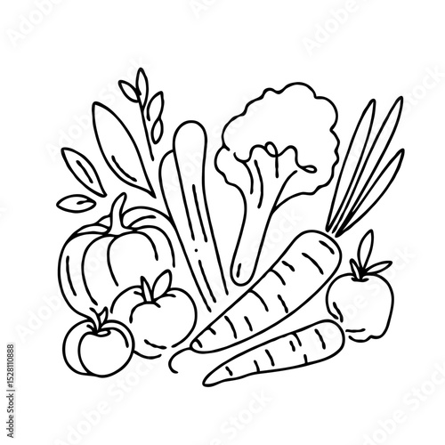 Fresh vegetables including carrots, tomatoes, broccoli, and greens  