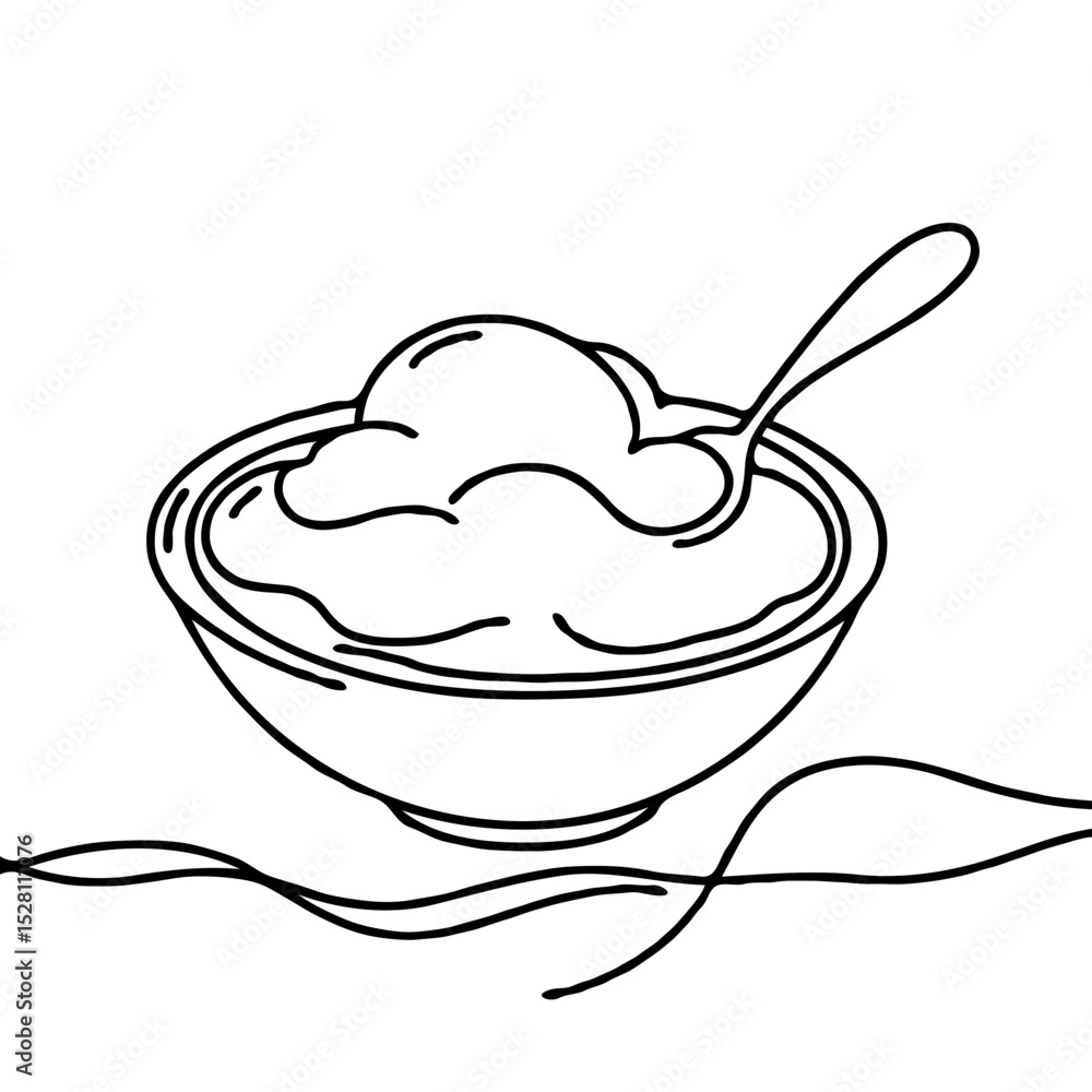 Line drawing of a bowl of ice cream with a spoon Line drawing of a bowl of ice cream with a spoon